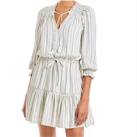 PAIGE Kaylynn Stripe Tie Neck Ruffle Dress in Arona Multi - Picture 1 of 16